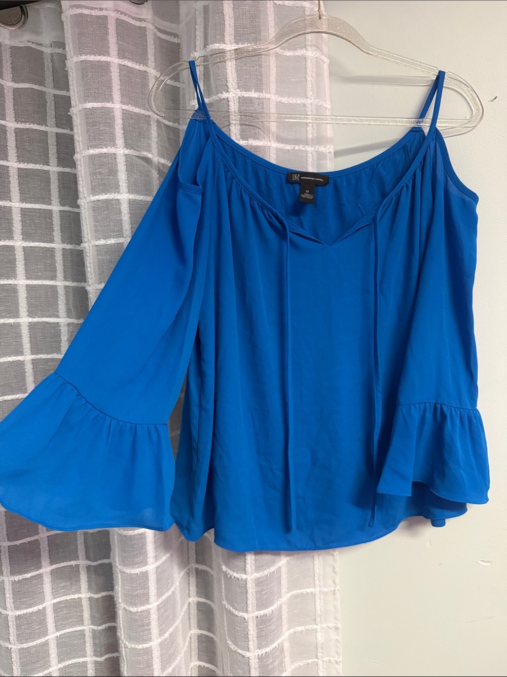 INC Royal Blue Cold-Shoulder Ruffle Sleeve Blouse Top Sz 10 / M